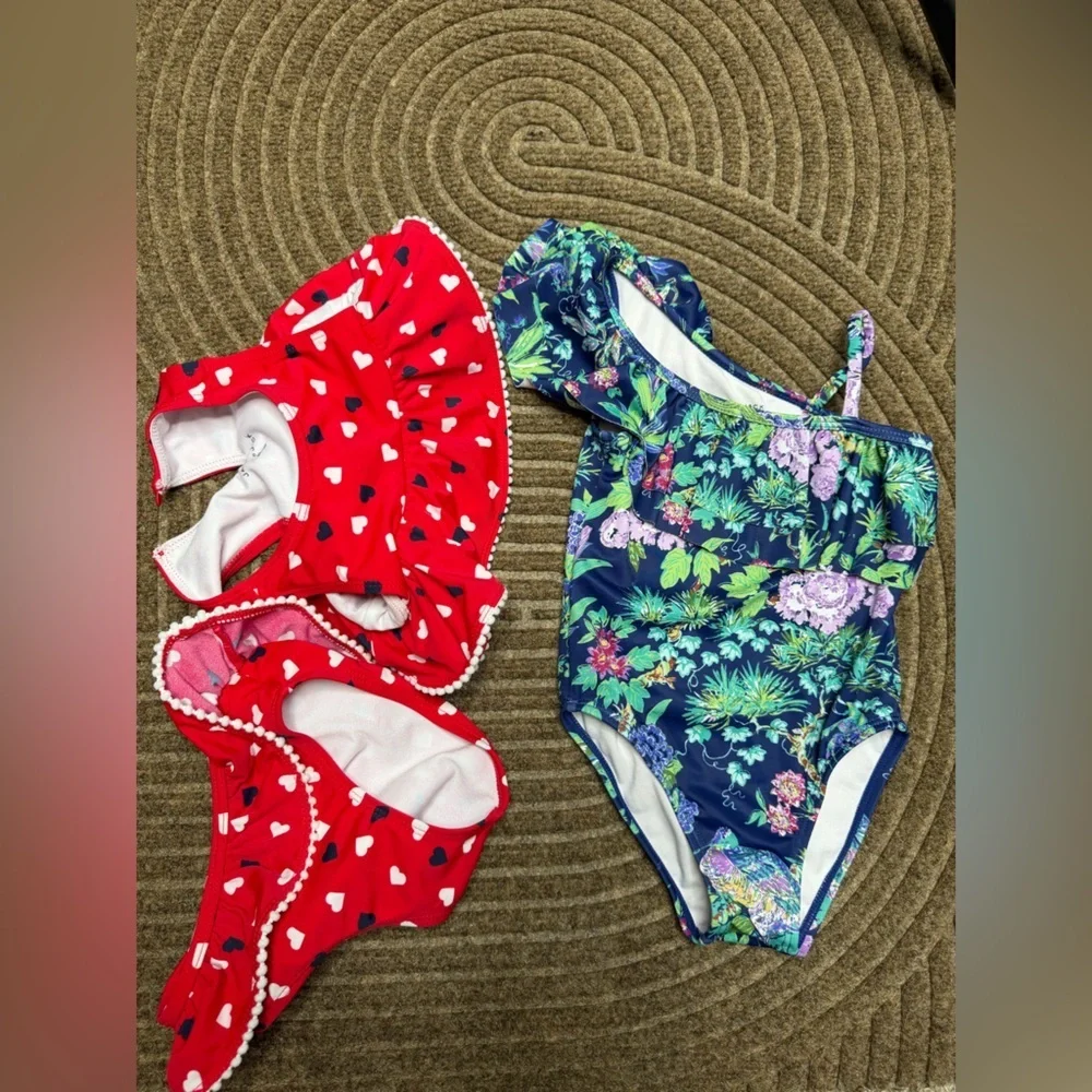 Janie and Jack Swim Set Bundle (2) Floral Ruffle and Ruffle Heart Print